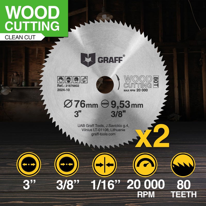 GRAFF 3 Inch Circular Saw Blade Set for Wood, Plywood, Laminate, Drywall, Plastic – 80T Wood Cutting Disc with 3/8 Inch Arbor from - Image 2